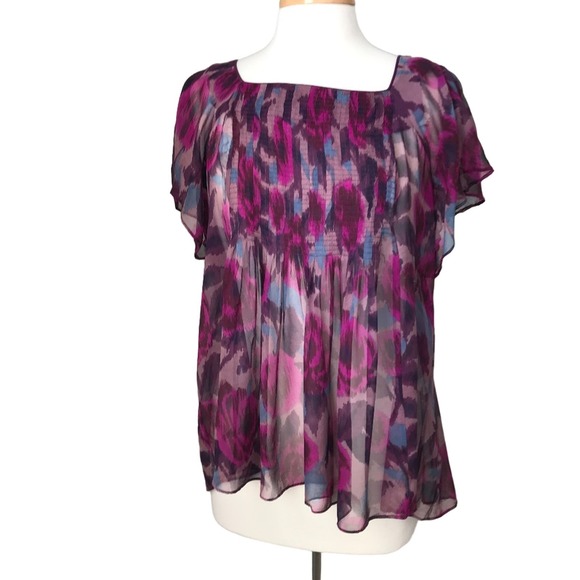 Kenar Tops - KENAR Pink Purple Blue Floral Print Pleated 100% Silk Blouse Size Medium
